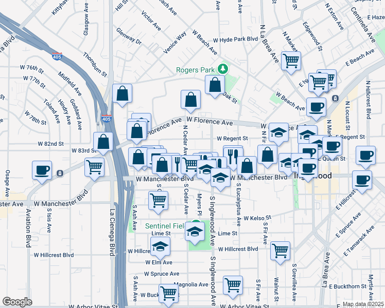 map of restaurants, bars, coffee shops, grocery stores, and more near 441 West Queen Street in Inglewood