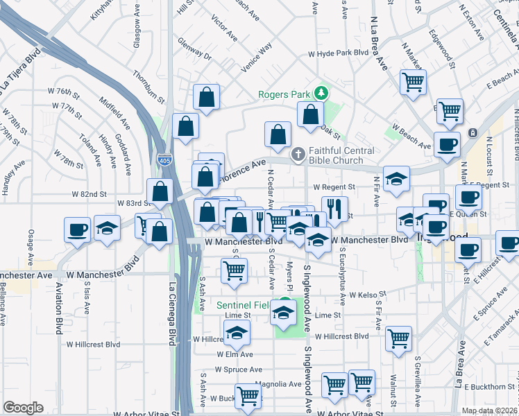 map of restaurants, bars, coffee shops, grocery stores, and more near 517 West Queen Street in Inglewood