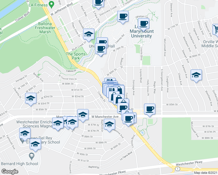 map of restaurants, bars, coffee shops, grocery stores, and more near 8129 Lincoln Boulevard in Los Angeles