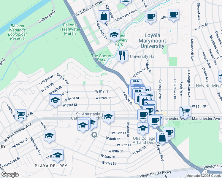 map of restaurants, bars, coffee shops, grocery stores, and more near 7360 West 81st Street in Los Angeles