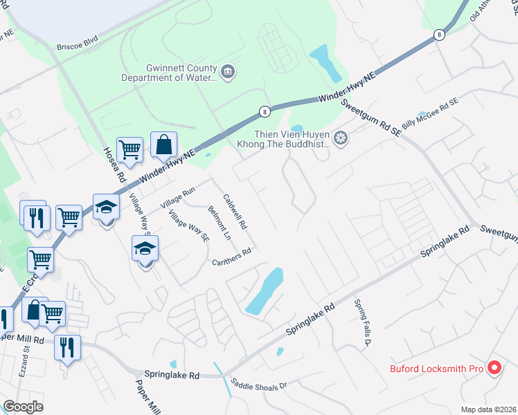 map of restaurants, bars, coffee shops, grocery stores, and more near 149 Amelia Creek Way Southeast in Lawrenceville
