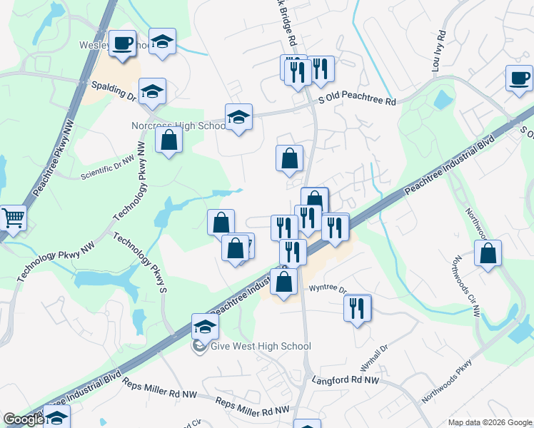 map of restaurants, bars, coffee shops, grocery stores, and more near 5376 Medlock Corners Drive in Norcross