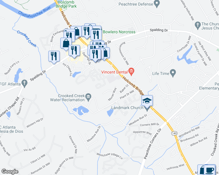 map of restaurants, bars, coffee shops, grocery stores, and more near 6399 Baker Court in Norcross