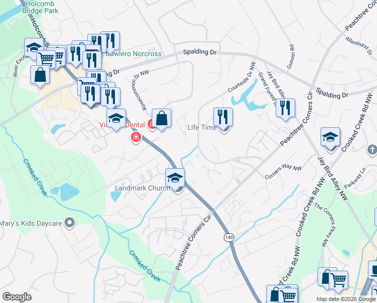 map of restaurants, bars, coffee shops, grocery stores, and more near 0000 Courtside Drive Northwest in Peachtree Corners