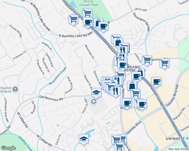 map of restaurants, bars, coffee shops, grocery stores, and more near 2397 Samia Drive Northwest in Duluth