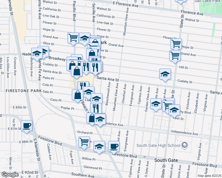 map of restaurants, bars, coffee shops, grocery stores, and more near 8147 Mountain View Avenue in South Gate