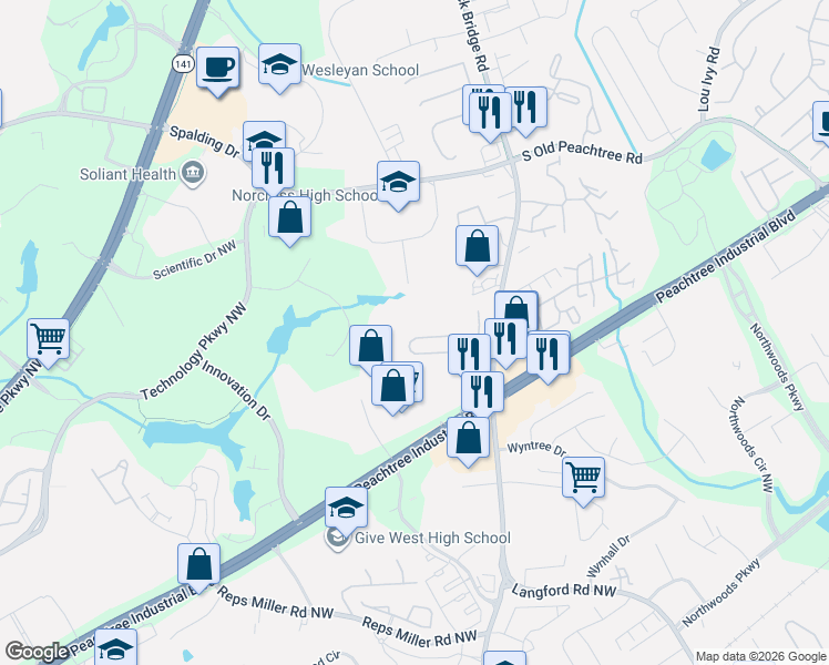 map of restaurants, bars, coffee shops, grocery stores, and more near 5351 Medlock Corners Drive in Norcross