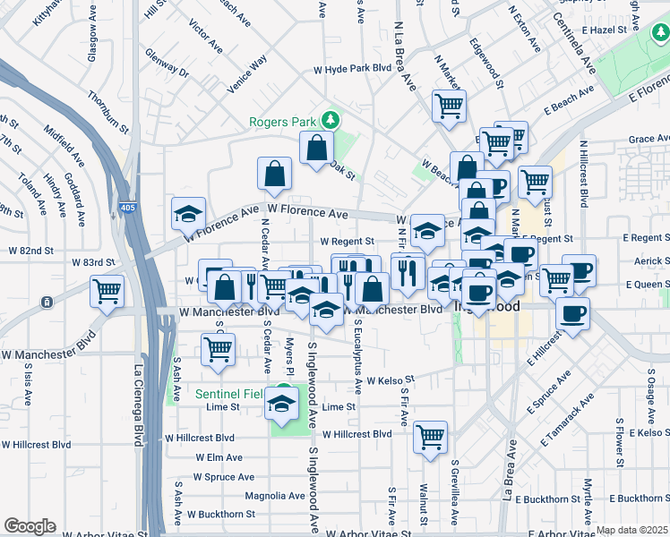map of restaurants, bars, coffee shops, grocery stores, and more near 321 West Queen Street in Inglewood
