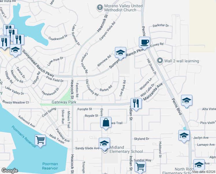 map of restaurants, bars, coffee shops, grocery stores, and more near 24246 Barley Road in Moreno Valley
