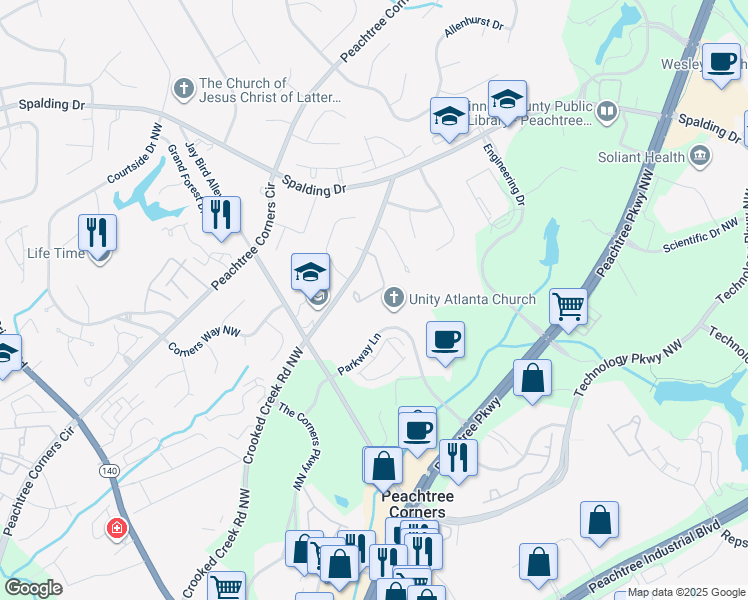 map of restaurants, bars, coffee shops, grocery stores, and more near 3577 Monticello Commons in Norcross