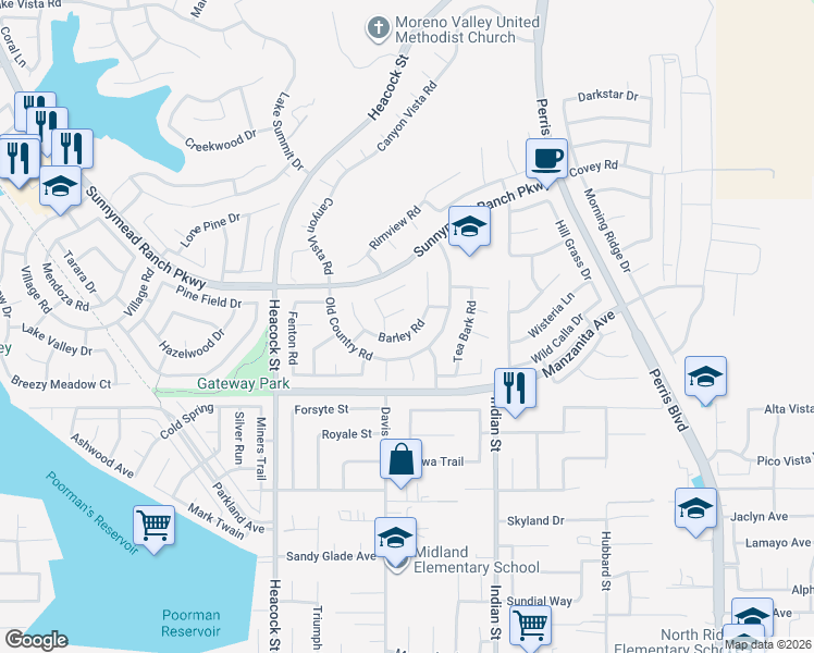 map of restaurants, bars, coffee shops, grocery stores, and more near 24246 Barley Road in Moreno Valley
