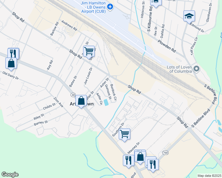 map of restaurants, bars, coffee shops, grocery stores, and more near 46 Burdock Circle in Columbia
