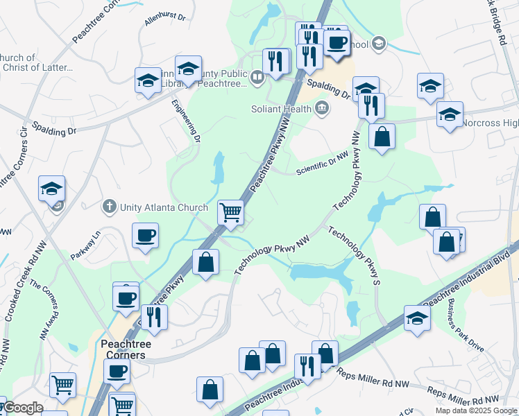 map of restaurants, bars, coffee shops, grocery stores, and more near 5696 Peachtree Parkway in Norcross