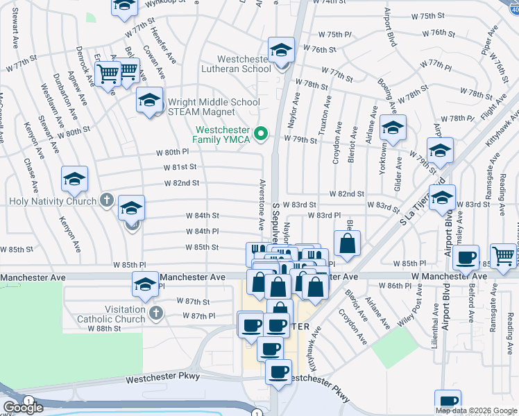 map of restaurants, bars, coffee shops, grocery stores, and more near 6320 West 83rd Street in Los Angeles