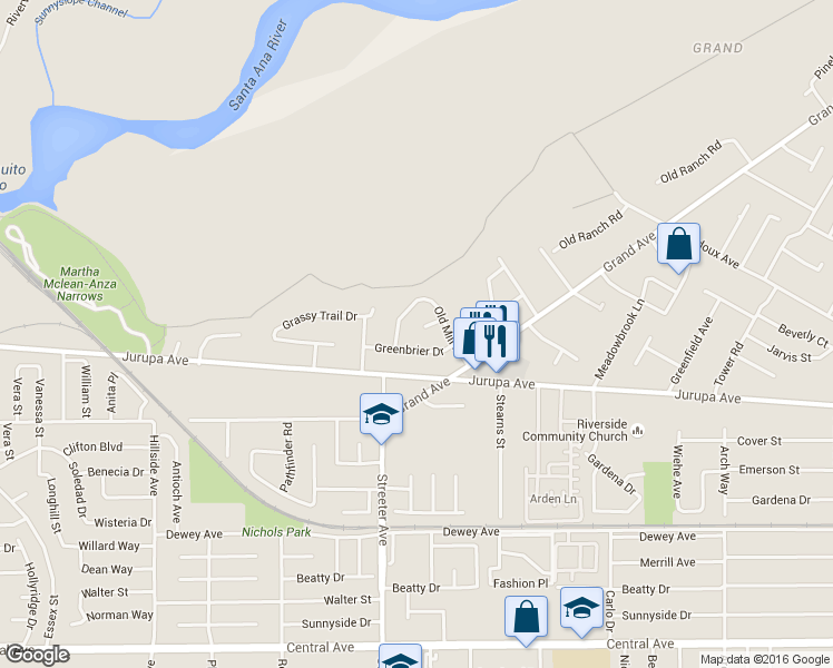 map of restaurants, bars, coffee shops, grocery stores, and more near 5998 Mona Bell Court in Riverside