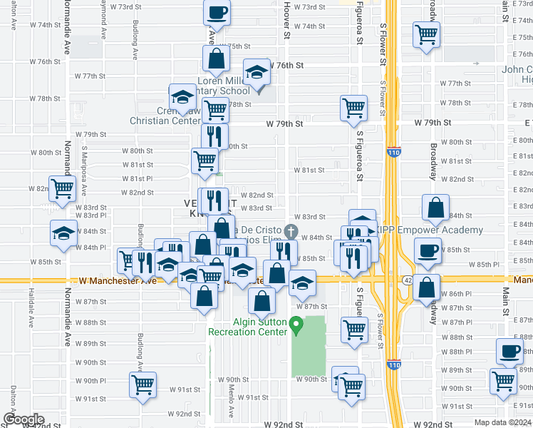 map of restaurants, bars, coffee shops, grocery stores, and more near 836 West 83rd Street in Los Angeles