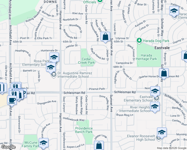 map of restaurants, bars, coffee shops, grocery stores, and more near 6884 Raspberry Court in Corona