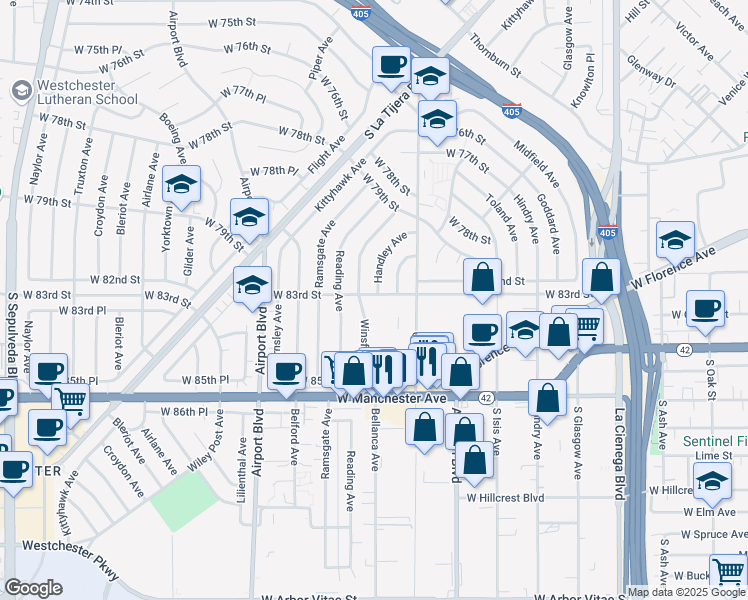 map of restaurants, bars, coffee shops, grocery stores, and more near 5710 West 83rd Street in Los Angeles