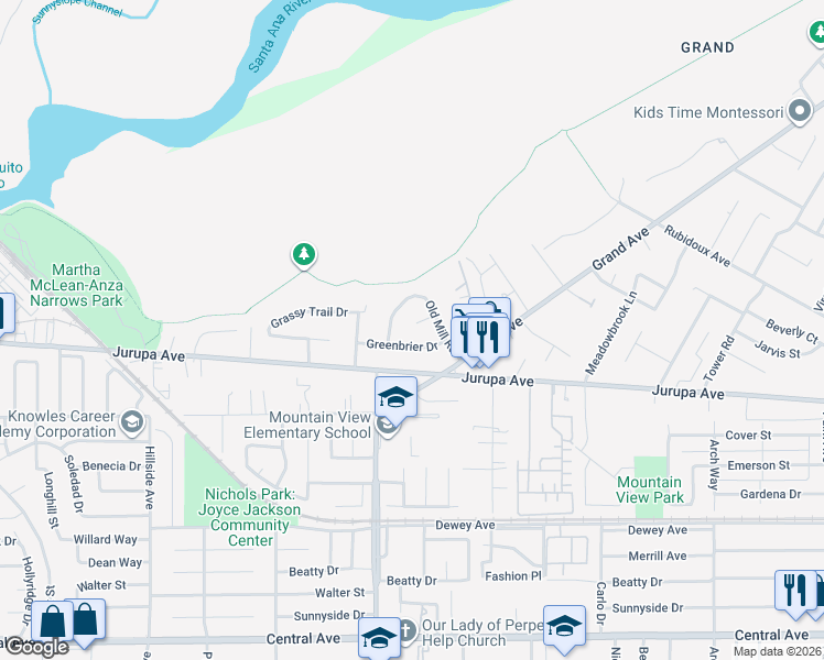map of restaurants, bars, coffee shops, grocery stores, and more near 5998 Mona Bell Court in Riverside