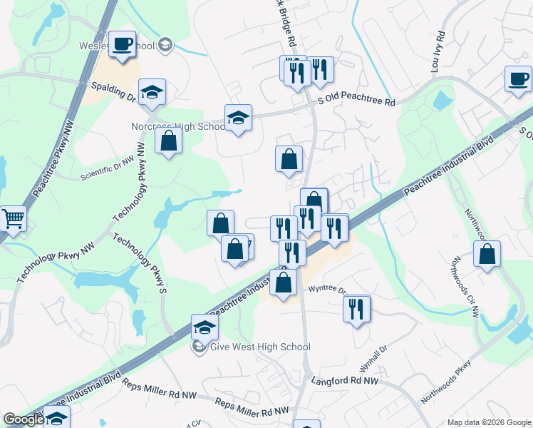 map of restaurants, bars, coffee shops, grocery stores, and more near 5376 Medlock Corners Dr in Norcross