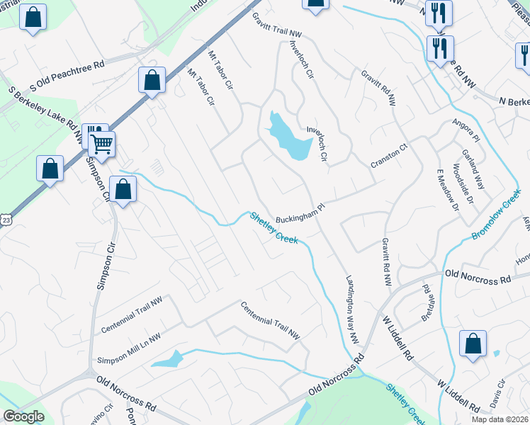 map of restaurants, bars, coffee shops, grocery stores, and more near 4308 Buckingham Place in Duluth