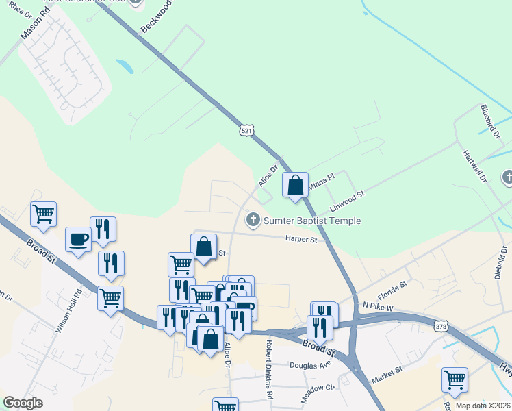 map of restaurants, bars, coffee shops, grocery stores, and more near 22 Granite Court in Sumter