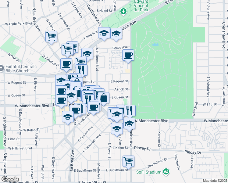 map of restaurants, bars, coffee shops, grocery stores, and more near 601 East Queen Street in Inglewood