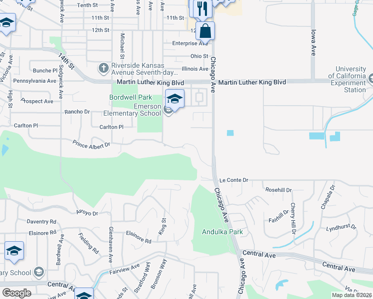 map of restaurants, bars, coffee shops, grocery stores, and more near 1802 Prince Albert Drive in Riverside