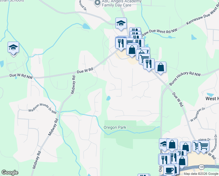 map of restaurants, bars, coffee shops, grocery stores, and more near 3970 Pocono Way in Marietta