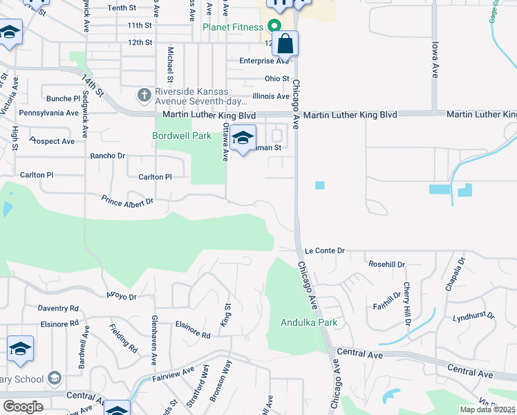 map of restaurants, bars, coffee shops, grocery stores, and more near 1802 Prince Albert Drive in Riverside