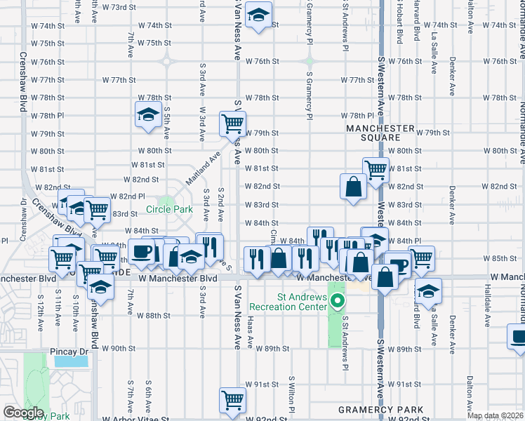 map of restaurants, bars, coffee shops, grocery stores, and more near 2141 West 84th Street in Los Angeles