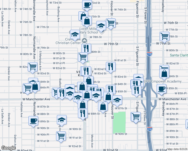 map of restaurants, bars, coffee shops, grocery stores, and more near 918 West 83rd Street in Los Angeles