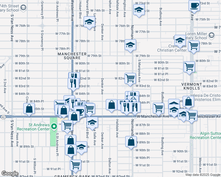 map of restaurants, bars, coffee shops, grocery stores, and more near 1526 West 83rd Street in Los Angeles
