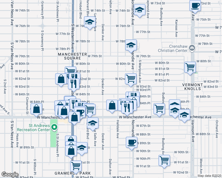 map of restaurants, bars, coffee shops, grocery stores, and more near 1526 West 83rd Street in Los Angeles
