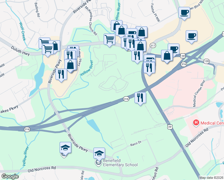 map of restaurants, bars, coffee shops, grocery stores, and more near 900 Legacy Park Drive in Lawrenceville