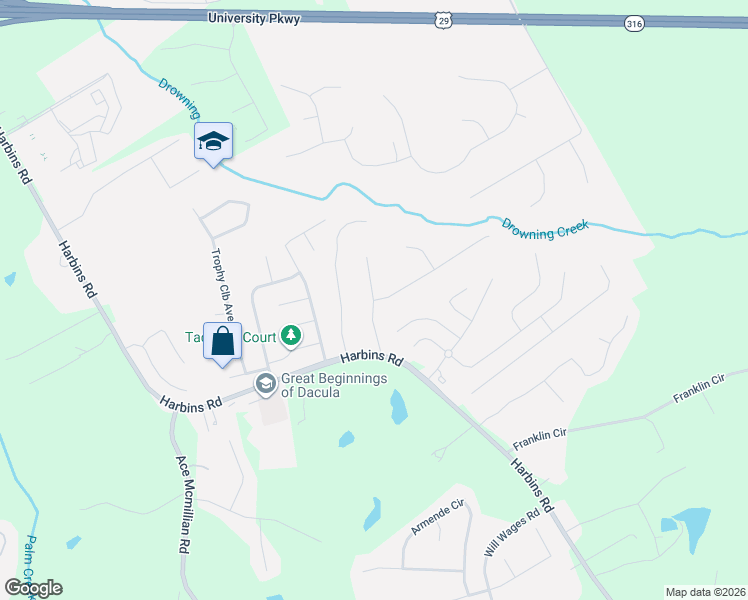 map of restaurants, bars, coffee shops, grocery stores, and more near 1269 Brookton Drive in Dacula