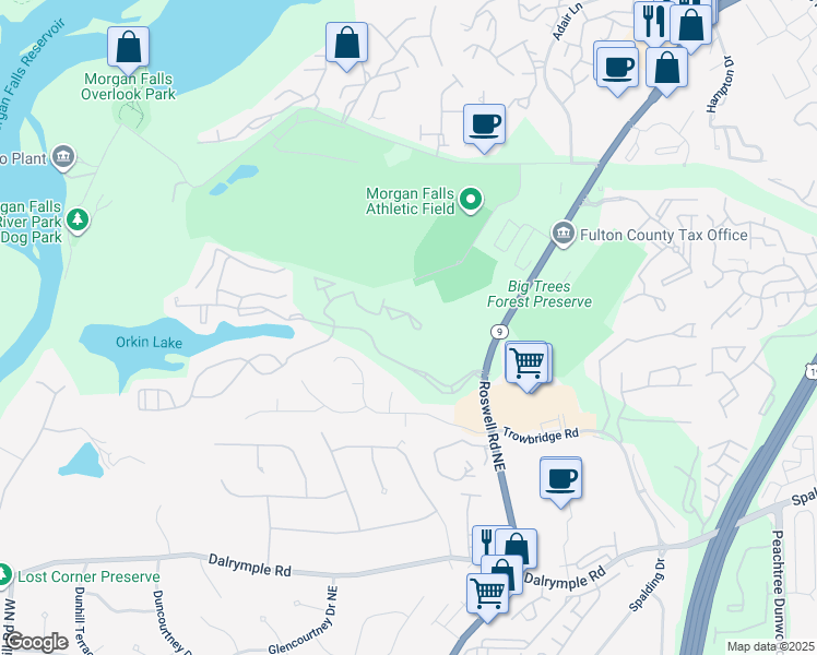 map of restaurants, bars, coffee shops, grocery stores, and more near 7303 Santa Fe Parkway in Sandy Springs