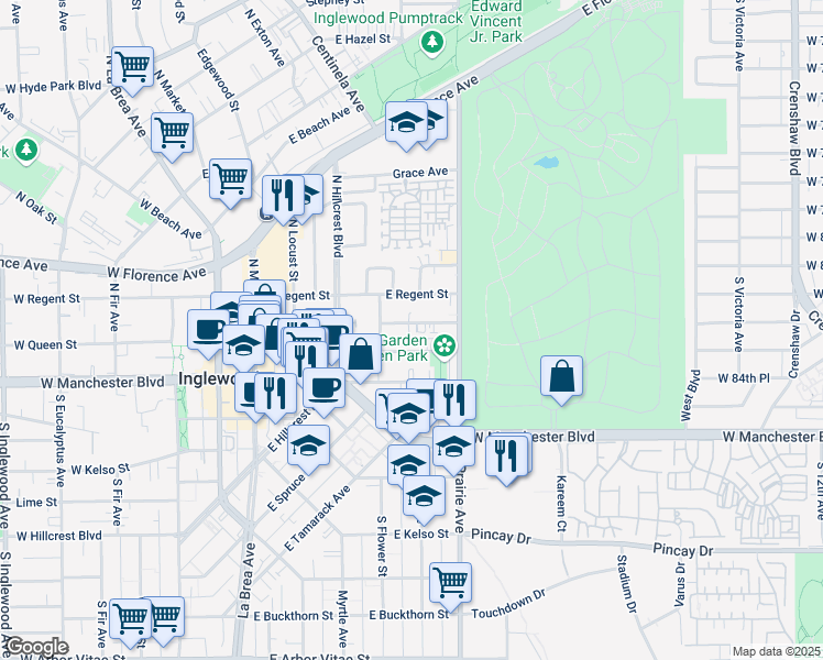map of restaurants, bars, coffee shops, grocery stores, and more near 624 Aerick Street in Inglewood