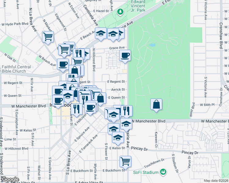 map of restaurants, bars, coffee shops, grocery stores, and more near 624 Aerick Street in Inglewood