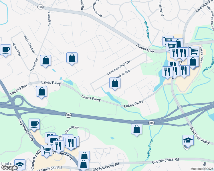 map of restaurants, bars, coffee shops, grocery stores, and more near 1430 Mohawk Drive Northwest in Lawrenceville