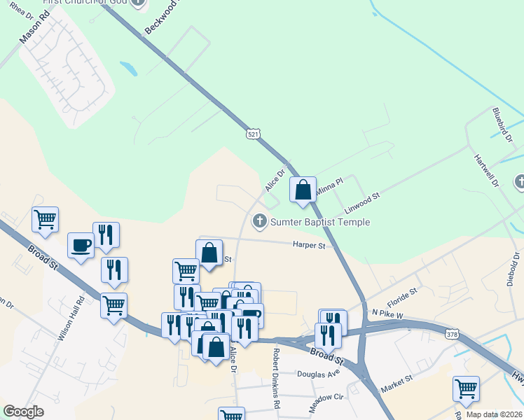 map of restaurants, bars, coffee shops, grocery stores, and more near 2205 Dartmouth Drive in Sumter