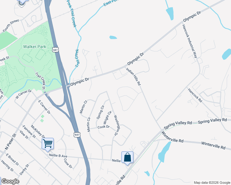 map of restaurants, bars, coffee shops, grocery stores, and more near 309 Woodridge Circle in Athens