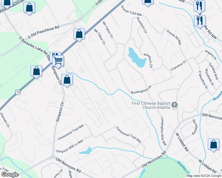 map of restaurants, bars, coffee shops, grocery stores, and more near 2665 Woodbine Hill Way in Norcross