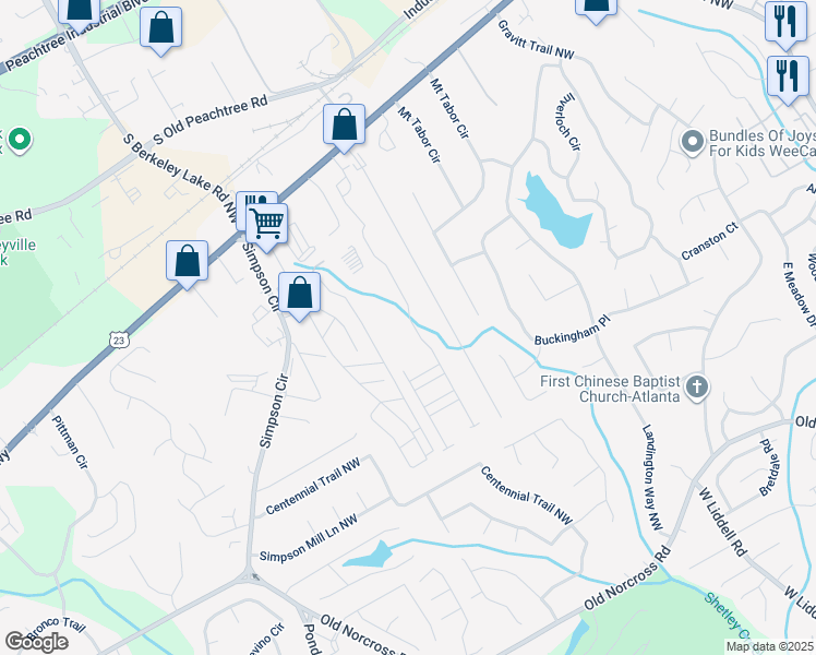 map of restaurants, bars, coffee shops, grocery stores, and more near 2304 Shetley Creek Drive in Norcross
