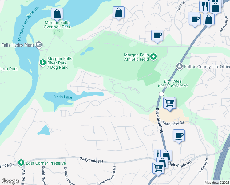 map of restaurants, bars, coffee shops, grocery stores, and more near Cimarron Parkway in Atlanta