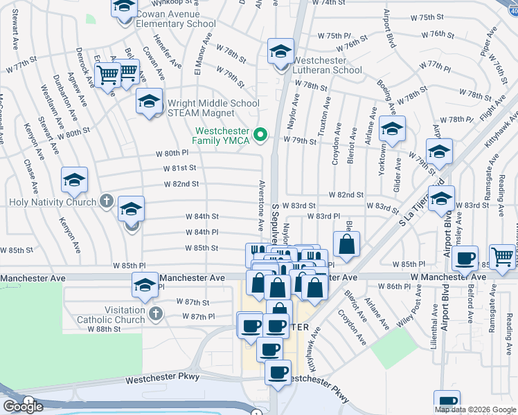 map of restaurants, bars, coffee shops, grocery stores, and more near 6320 West 83rd Street in Los Angeles