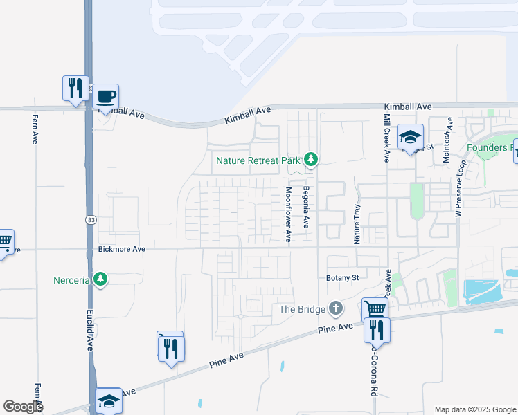 map of restaurants, bars, coffee shops, grocery stores, and more near 7531 Cessna Street in Chino