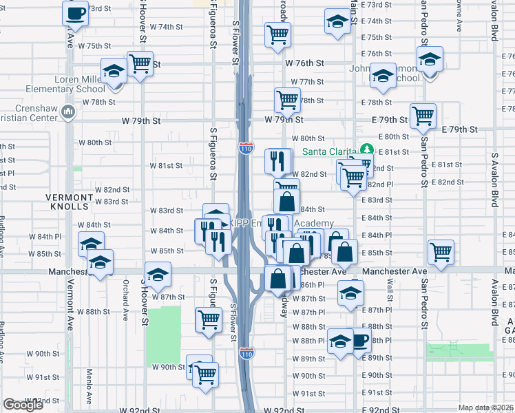 map of restaurants, bars, coffee shops, grocery stores, and more near 343 West 84th Street in Los Angeles