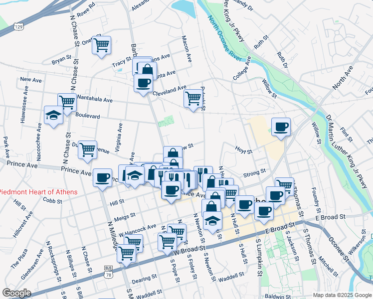 map of restaurants, bars, coffee shops, grocery stores, and more near 195 Barrow Street in Athens