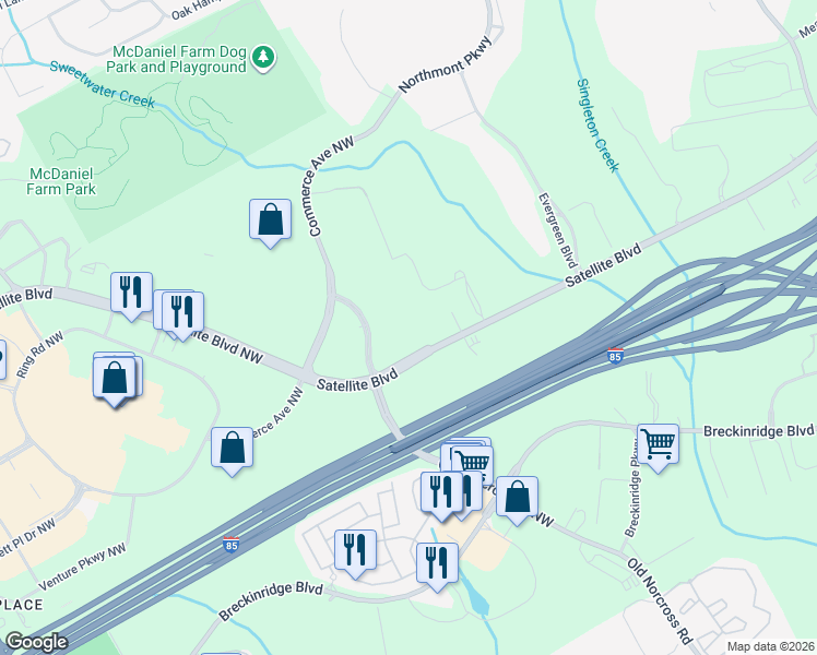 map of restaurants, bars, coffee shops, grocery stores, and more near 3095 Satellite Boulevard in Duluth